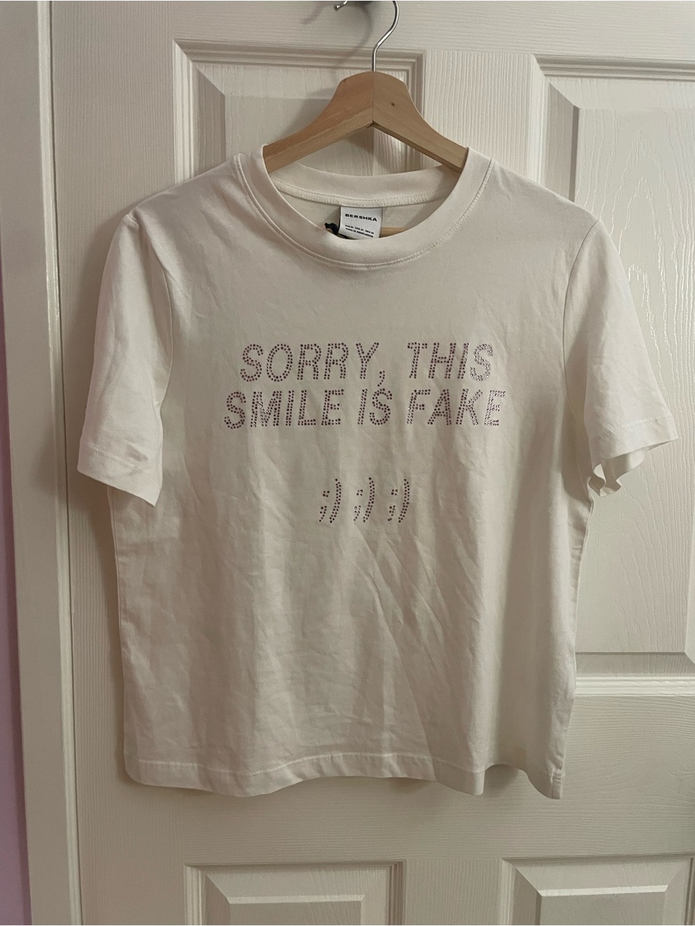 Bershka White Short-Sleeve Tee with Rhinestone Text